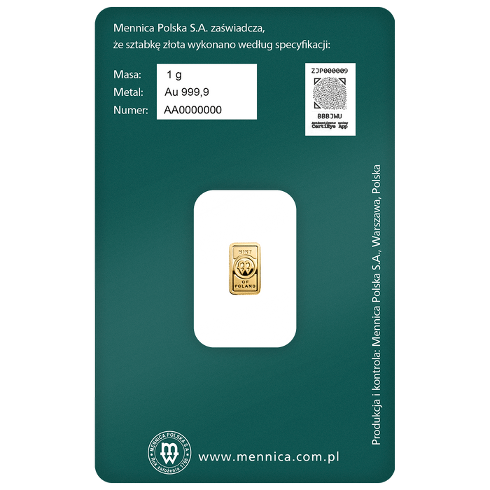 Mennica Polska Gold Minted Bar - 1g