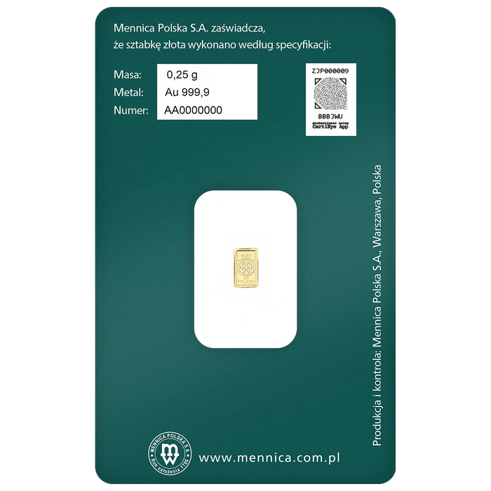 Mennica Polska Gold Minted Bar - 1/4g