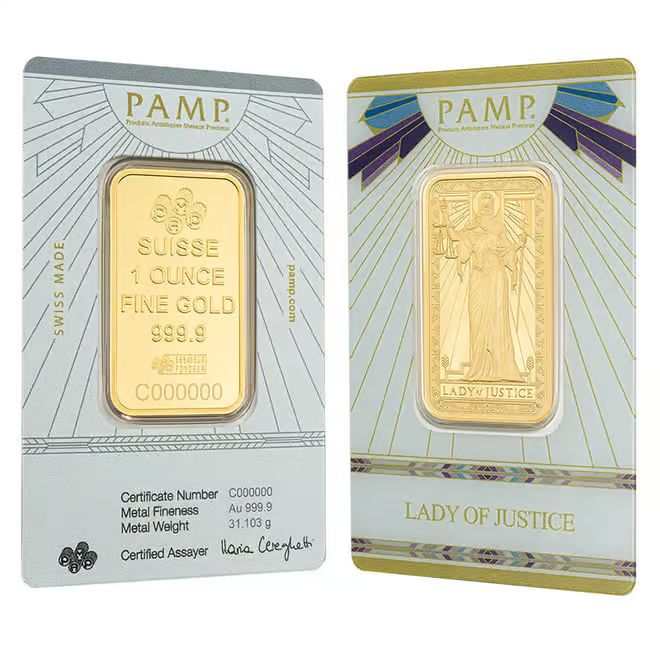 PAMP Suisse Lady of Justice Gold Minted Bar - 1oz